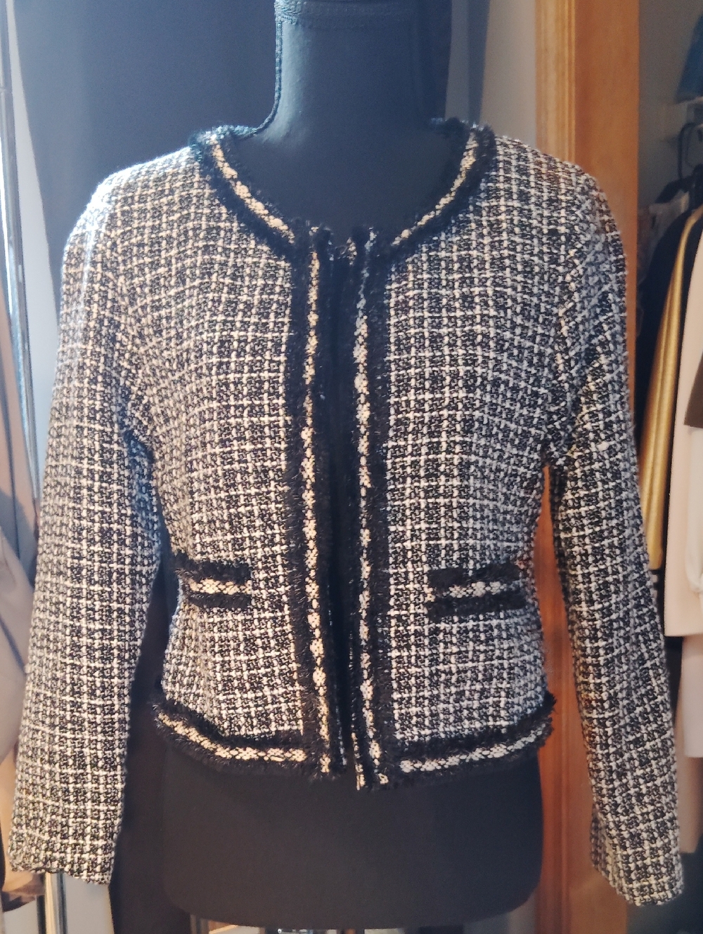 Black & White Tweed Jacket - Classic Cropped Coat S NEW